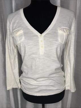 Chaps V Neck 3/4 Sleeve Pockets Cotton Semi Sheer Top Women’s Small